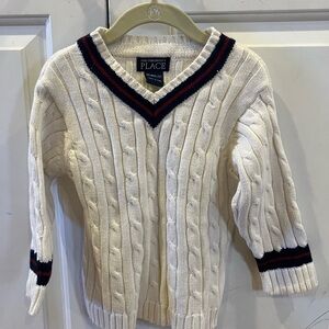 The Children's Place Cream Cable Knit V-Neck Sweater with Navy & Red Stripes